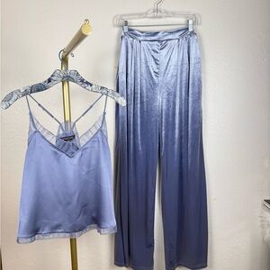 Christian Lacroix Set Blue Satin Cami and Velour Wide-Leg Pants Sz:M Lounge Luxe